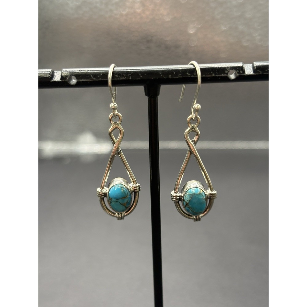New Condition Sterling Silver Copper Turquoise Dangle Feathers 925 H17